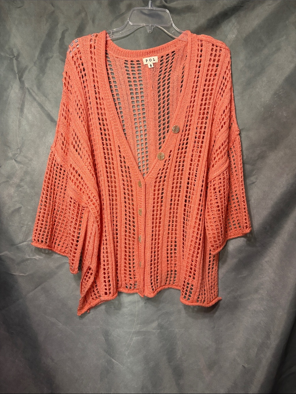POL Coral Open-Knit Button Front Cardigan